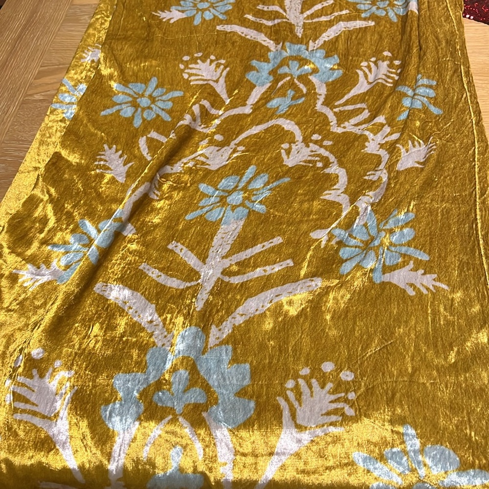 Anthropologie Gold and Blue Floral Curtains